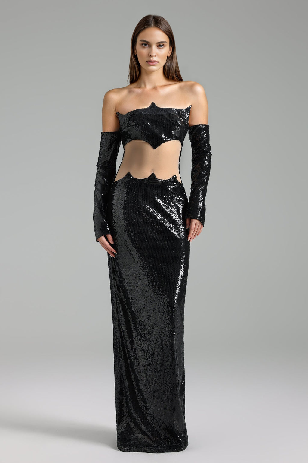 Audrey Black Sequined Maxi Dress with Cut-Out Waist Detail