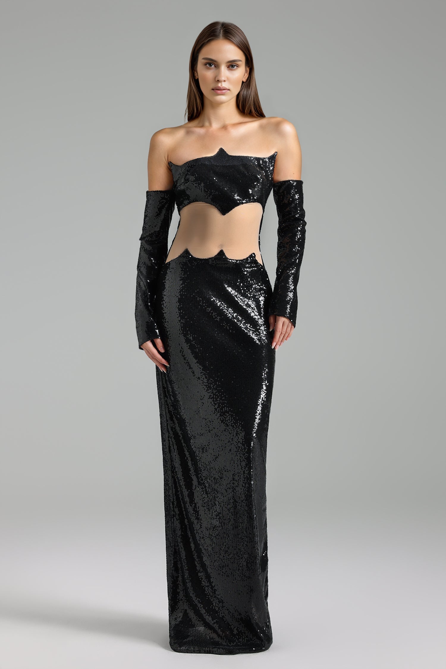 Audrey Black Sequined Maxi Dress with Cut-Out Waist Detail