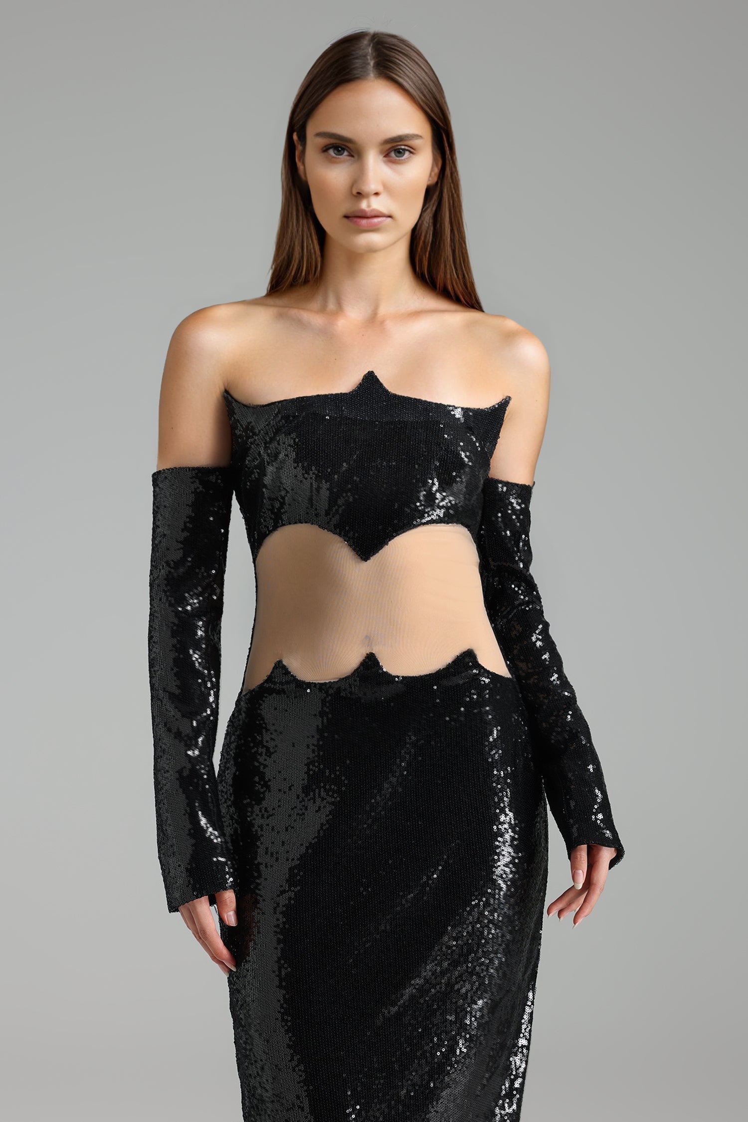 Audrey Black Sequined Off-Shoulder Maxi Dress with Cut-Out Waist Detail