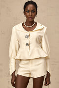 Audrey Jacket & Shorts Set - Notched Lapels - Crystal - Embellished Buttons - Cinched Waist - Flared Hem