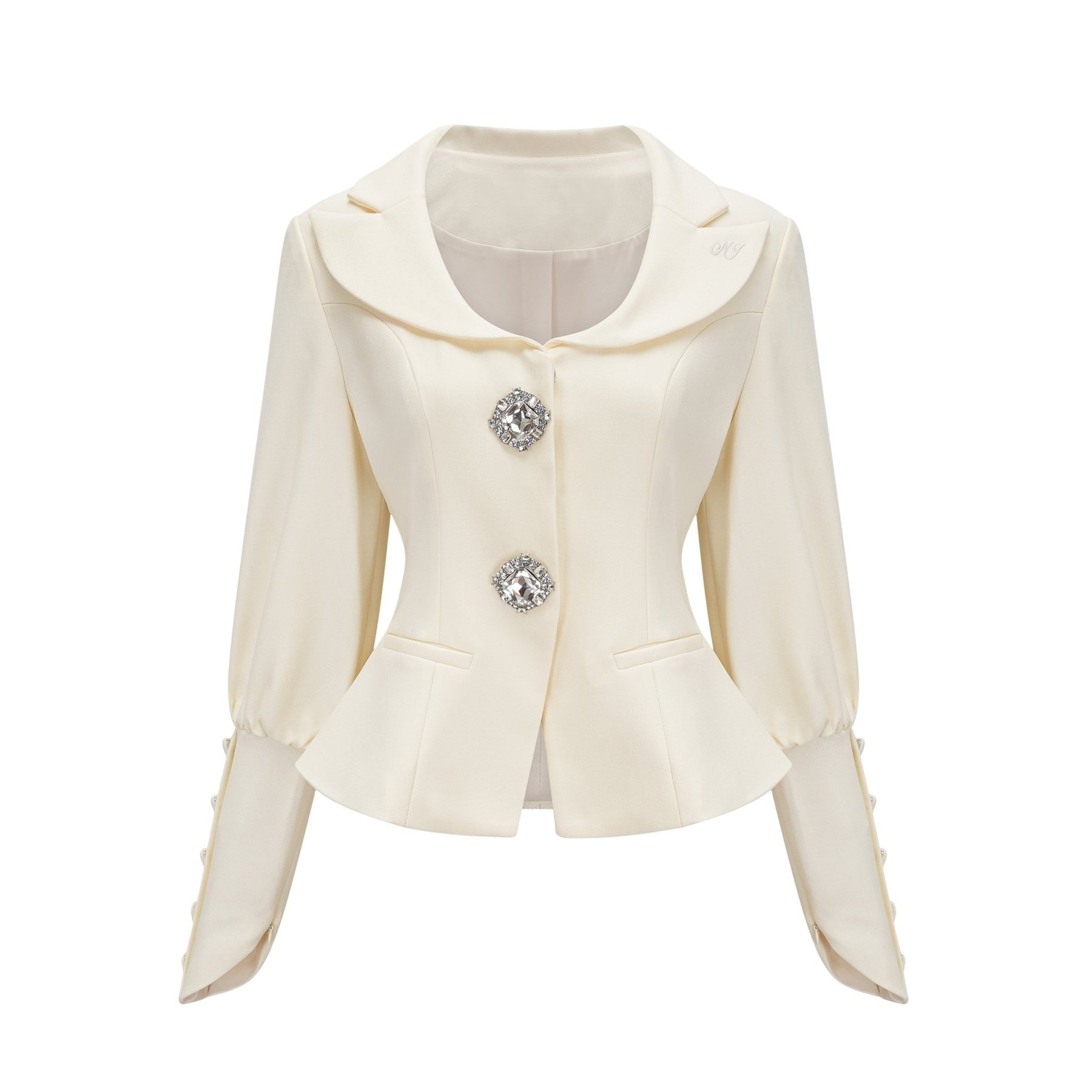 Audrey Jacket & Shorts Set - Notched Lapels - Crystal - Embellished Buttons - Cinched Waist - Flared Hem
