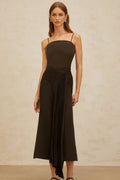 Audrey Midi Dress - Square Neck - Fitted Waistline - Ribbon Design - Pleated Detailing - Flared Hem