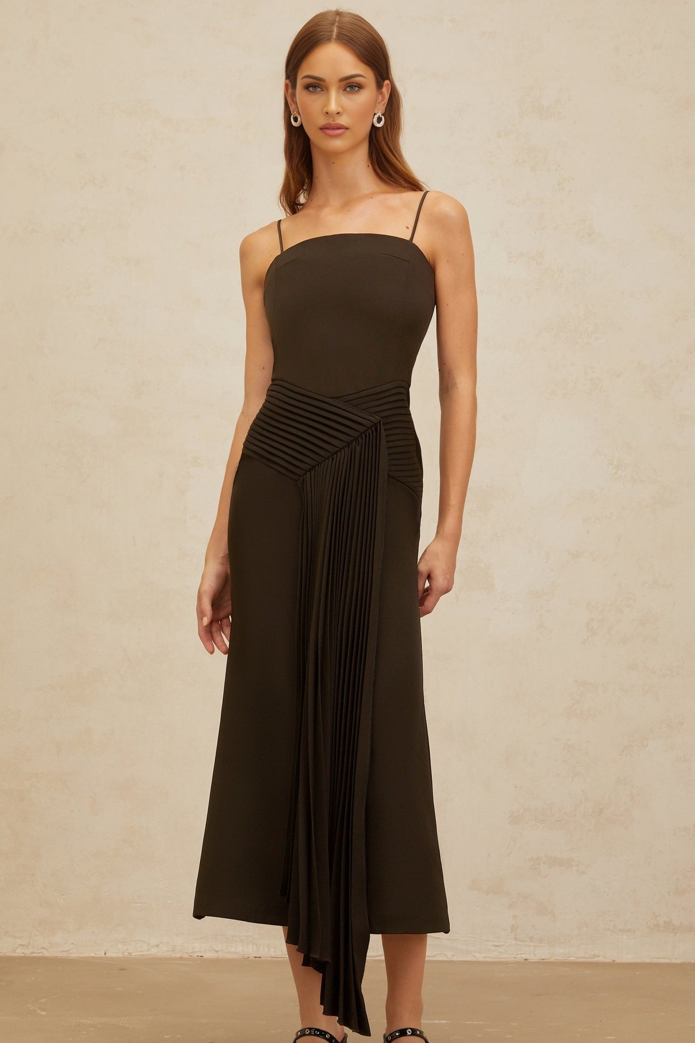Audrey Midi Dress - Square Neck - Fitted Waistline - Ribbon Design - Pleated Detailing - Flared Hem