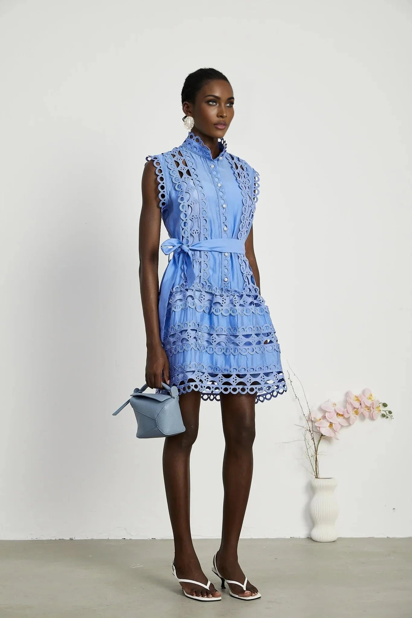 Audrey Mini Dress - Sleeveless - High Neck - Cut - out Design - Belted Waist