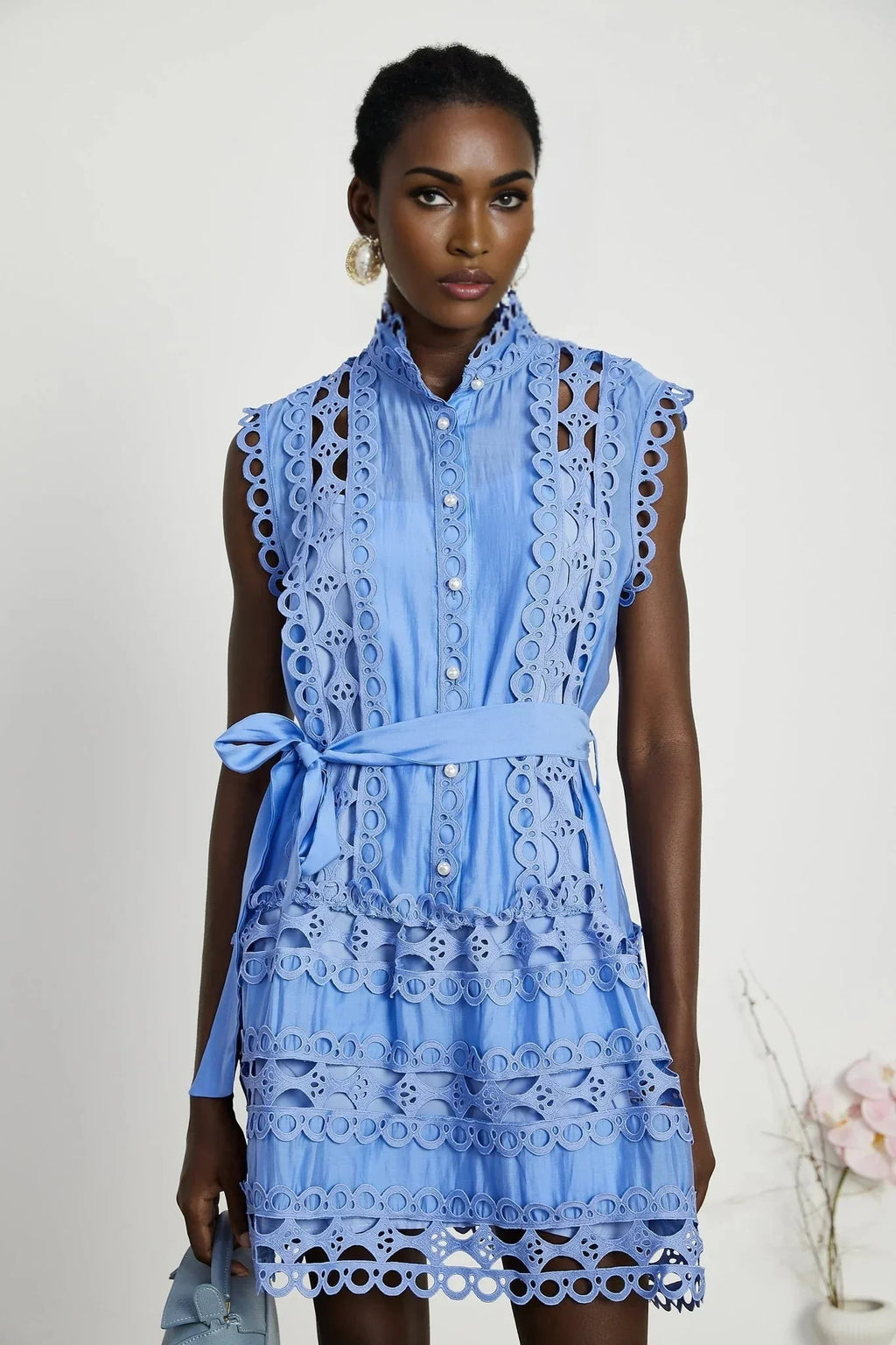 Audrey Mini Dress - Sleeveless - High Neck - Cut - out Design - Belted Waist