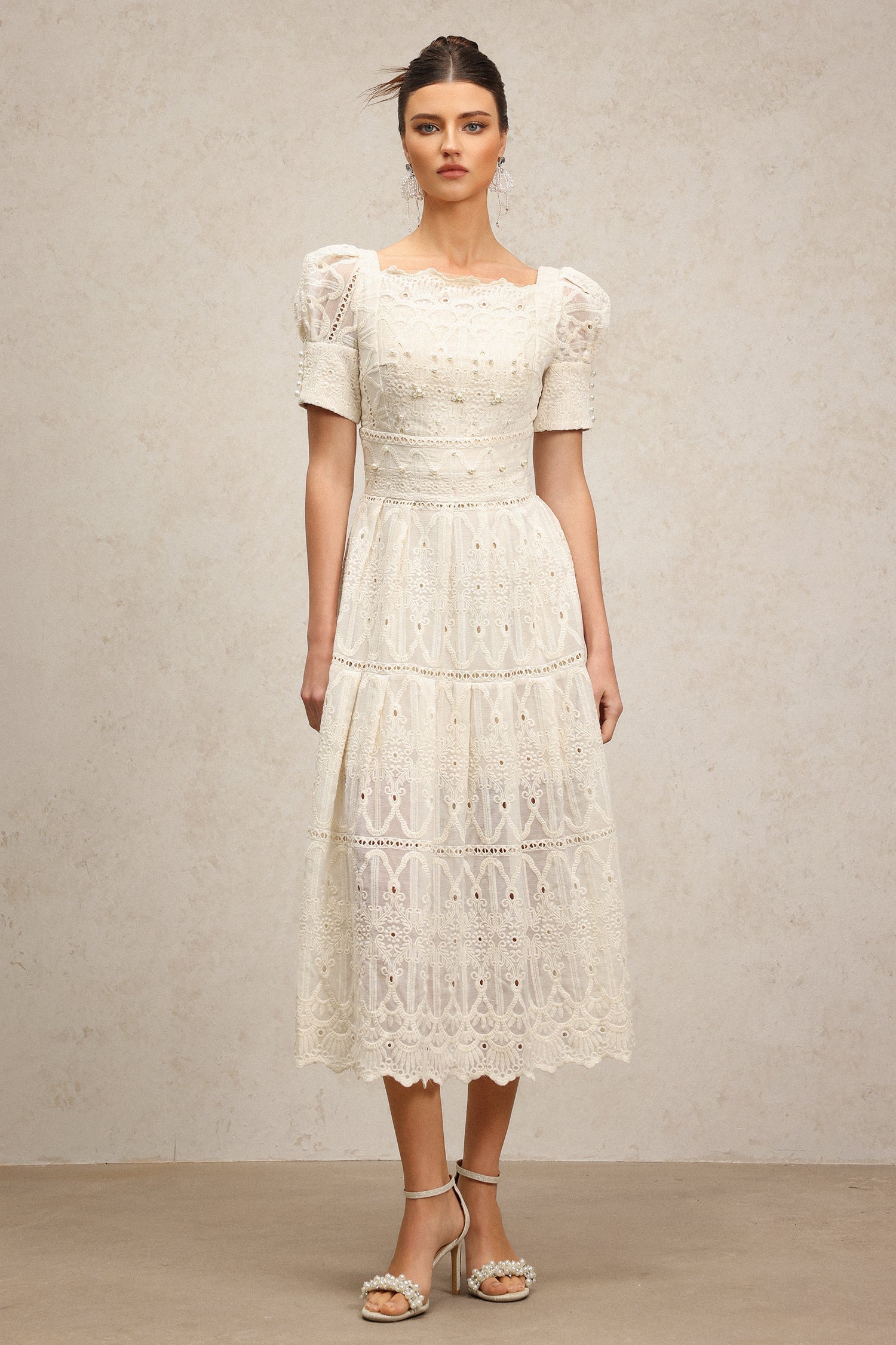 Augusta Ivory Lace Pearl Embroidered Puff Sleeve Midi Dress