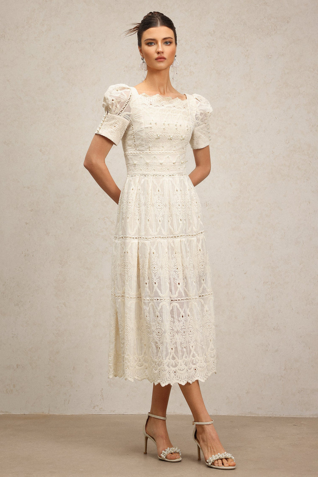 Augusta Ivory Lace Pearl Embroidered Puff Sleeve Midi Dress