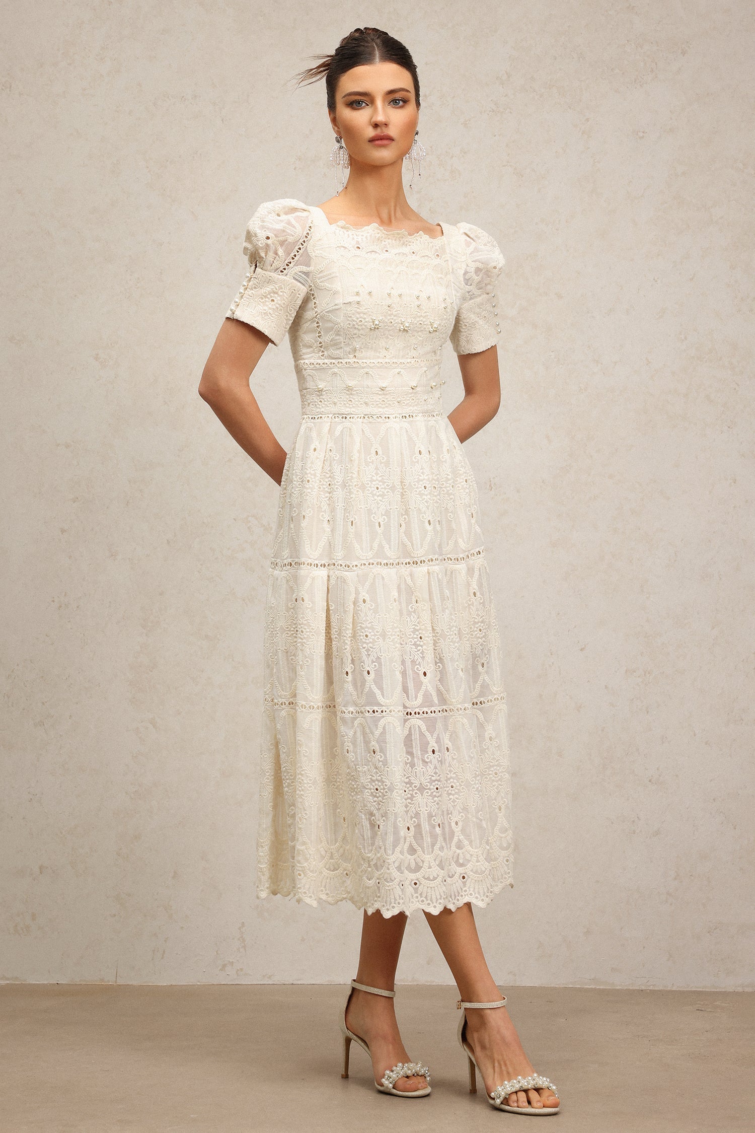 Augusta Ivory Lace Pearl Embroidered Puff Sleeve Midi Dress