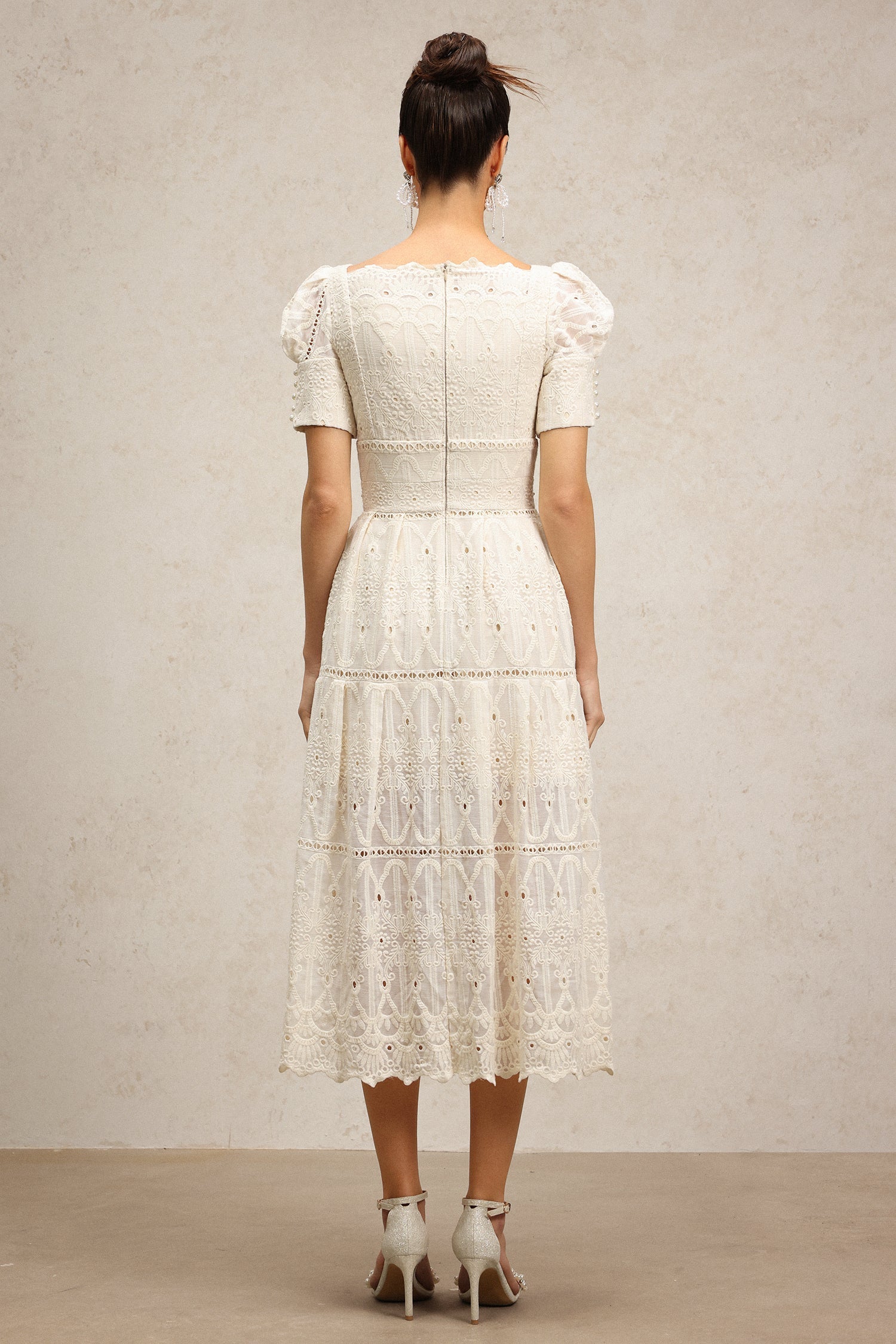 Augusta Ivory Lace Pearl Embroidered Puff Sleeve Midi Dress