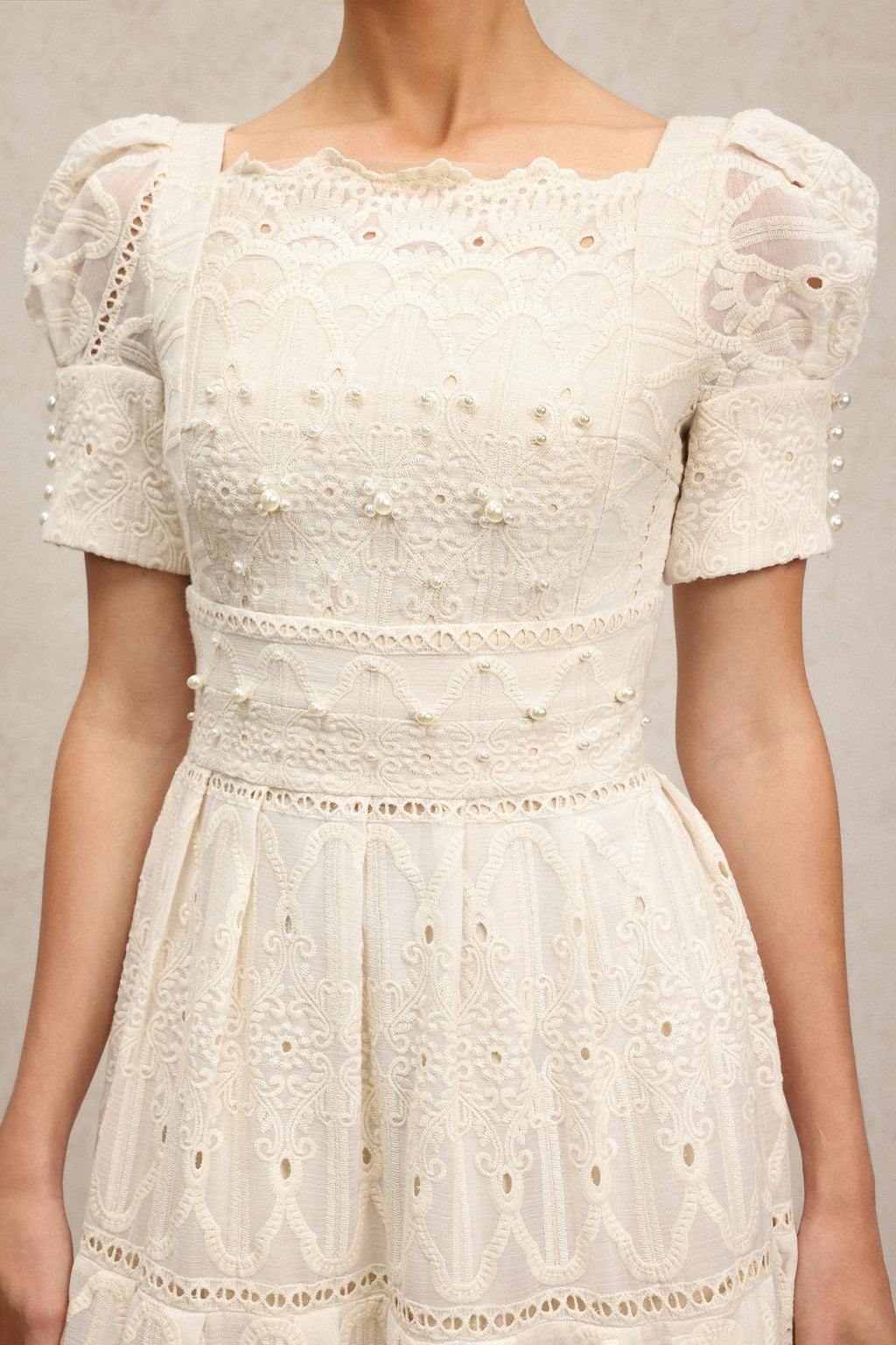 Augusta Ivory Lace Pearl Embroidered Puff Sleeve Square Neck Midi Dress