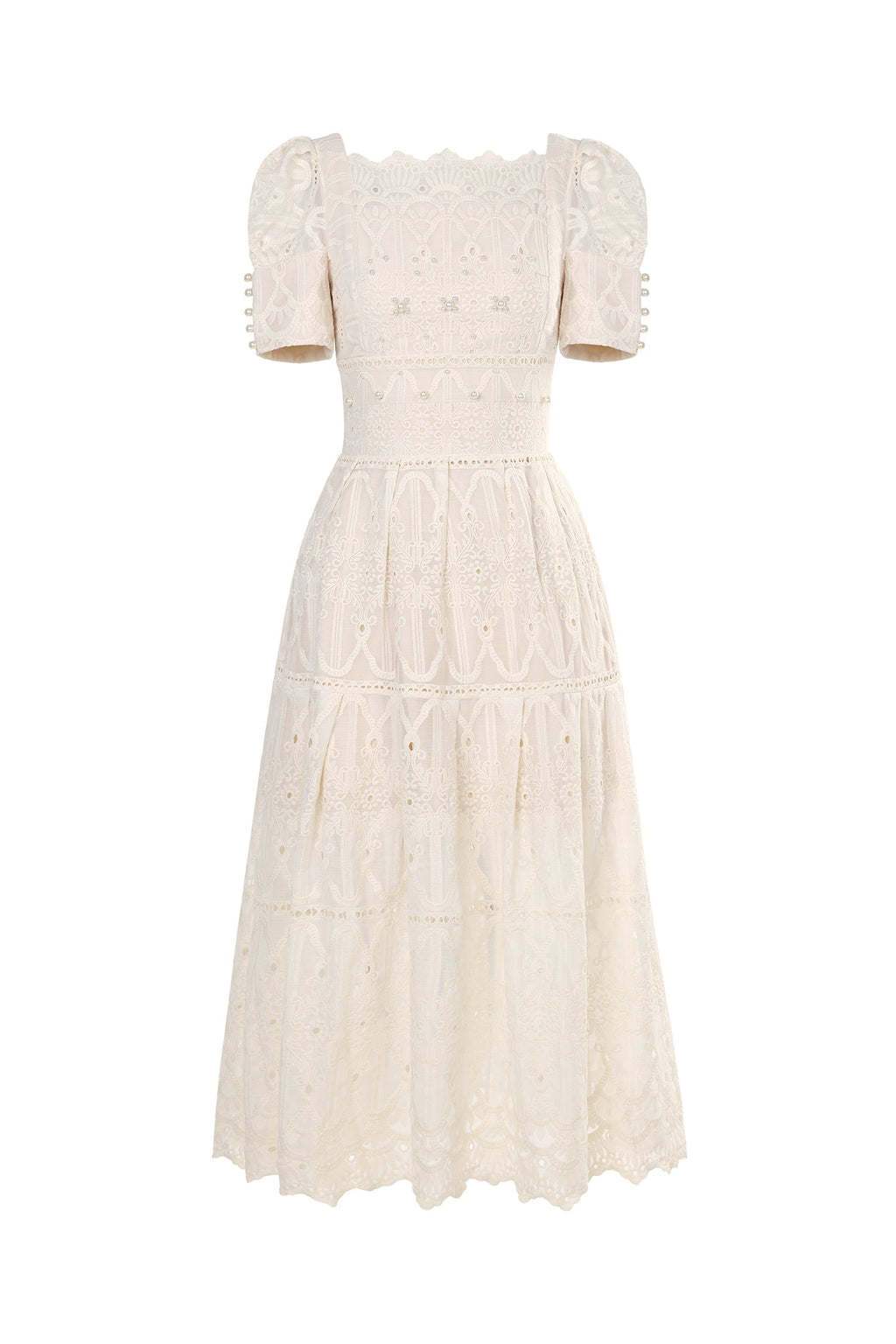 Augusta Ivory Lace Puff Sleeve Midi Dress with Pearl Embroidery