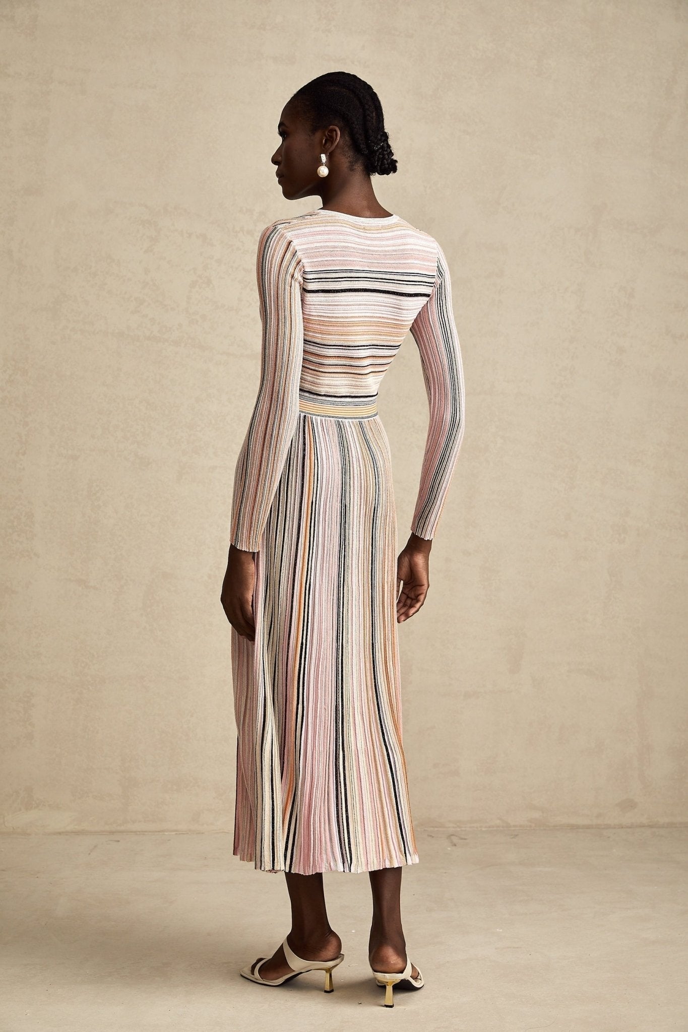 Augusta Midi Dress - V Neck - Metallic Threading - Vertical Stripes - Pleat Detailing - Elasticated Waistband