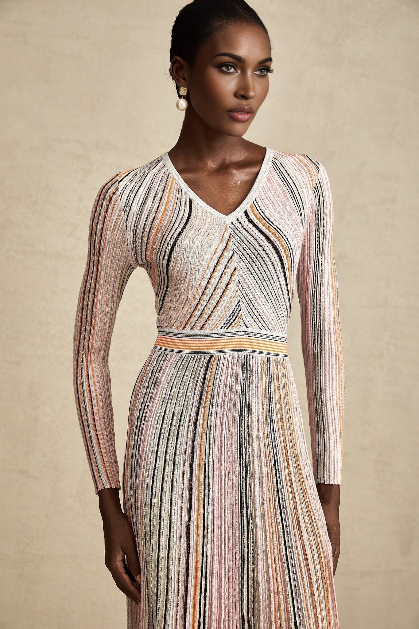 Augusta Midi Dress - V Neck - Metallic Threading - Vertical Stripes - Pleat Detailing - Elasticated Waistband