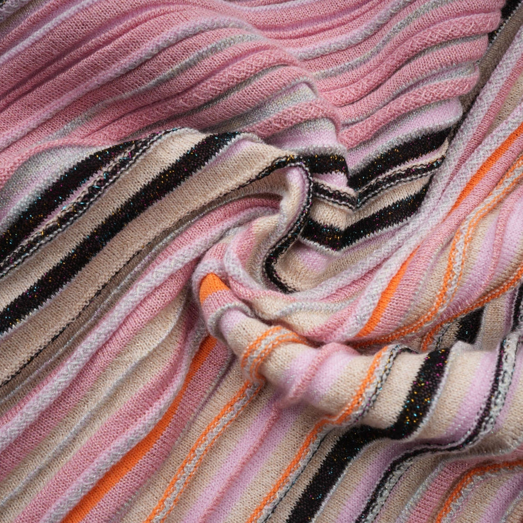 Augusta Midi Dress - V Neck - Metallic Threading - Vertical Stripes - Pleat Detailing - Elasticated Waistband