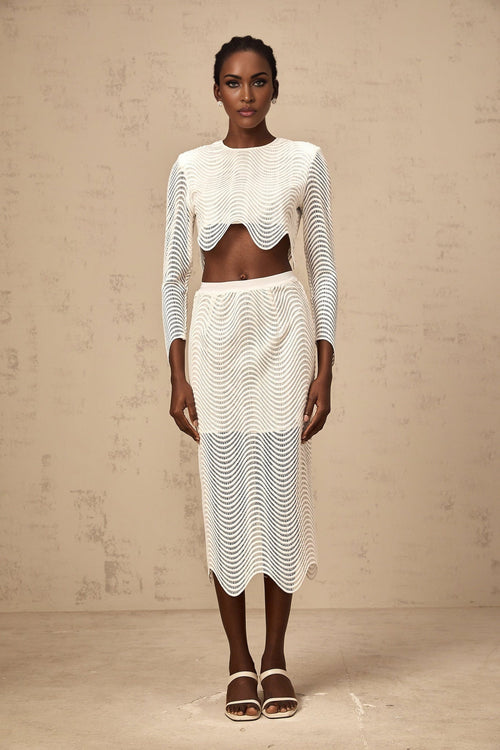 Augusta Skirt & Top Set - Wavy Woven Design - Openwork Detail - Scallop Hem - Cropped Length
