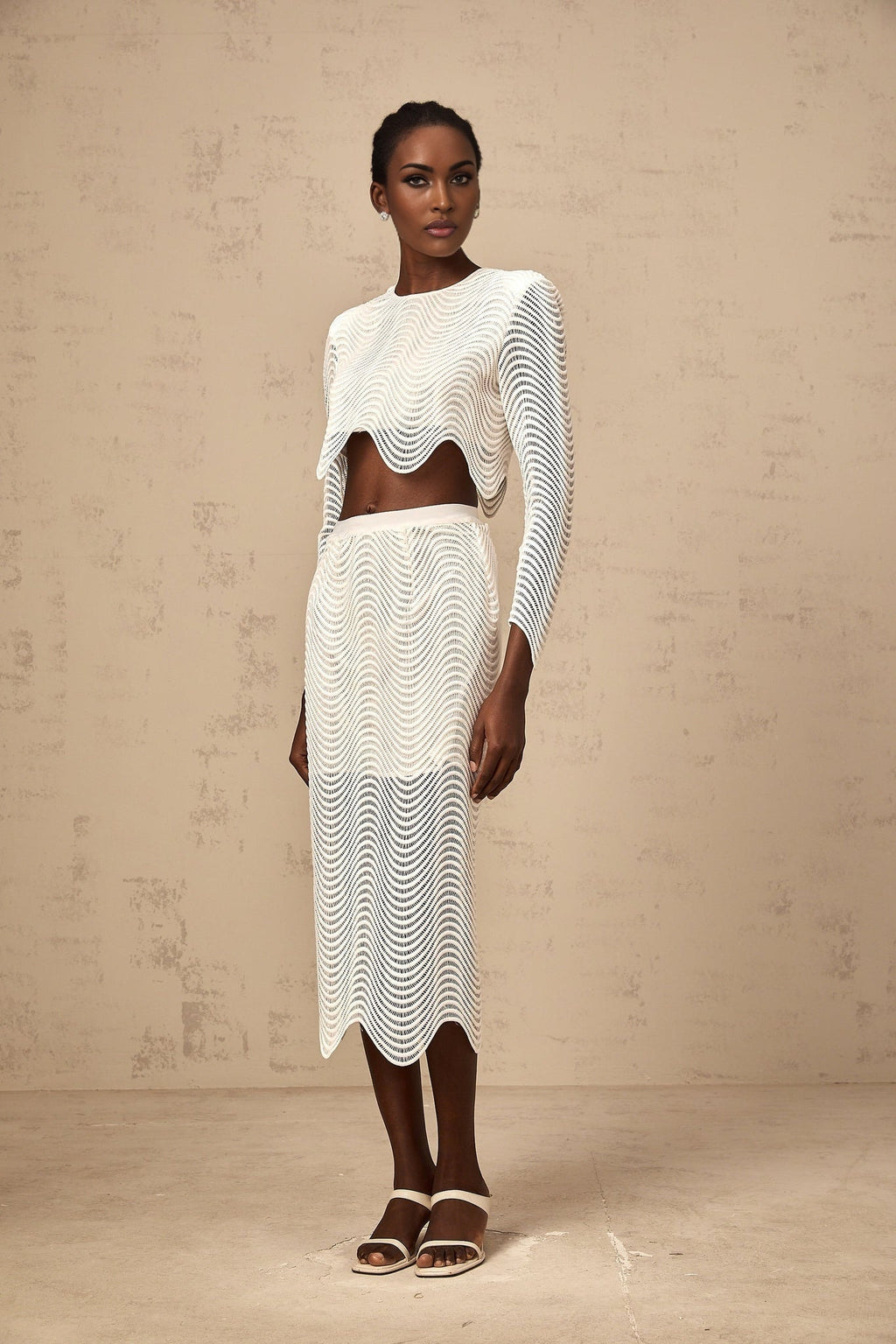 Augusta Skirt & Top Set - Wavy Woven Design - Openwork Detail - Scallop Hem - Cropped Length