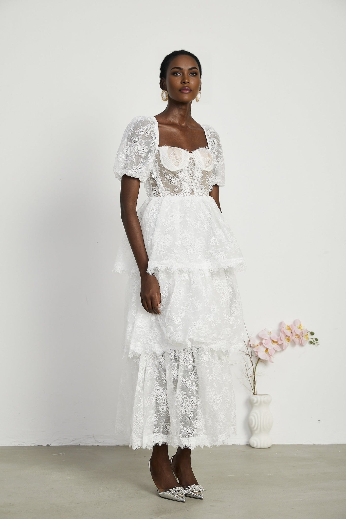 Aurélie Midi Dress - Puff Sleeves - Bustier Style - Lace Trim - Tiered Design - Back Zipper