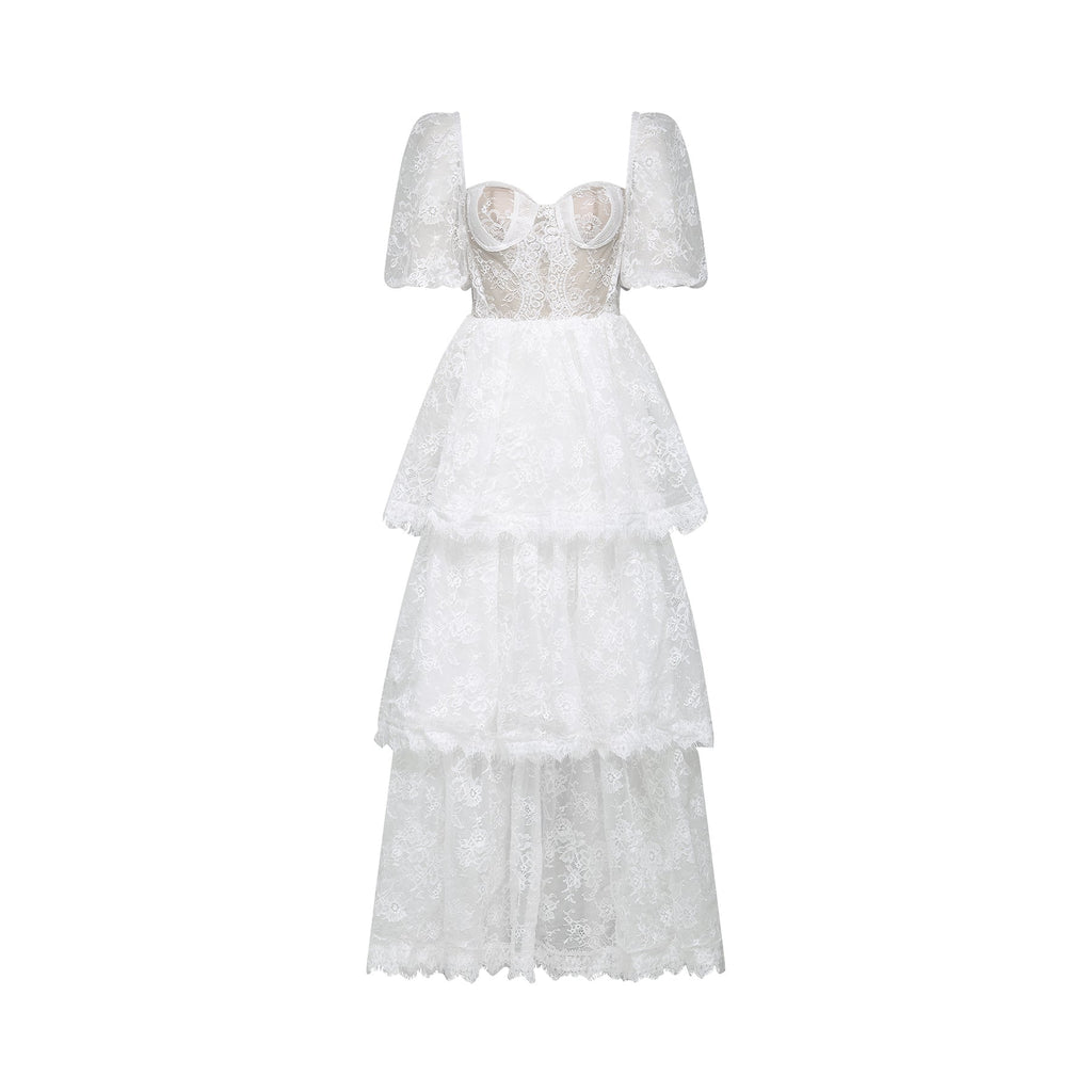 Aurélie Midi Dress - Puff Sleeves - Bustier Style - Lace Trim - Tiered Design - Back Zipper