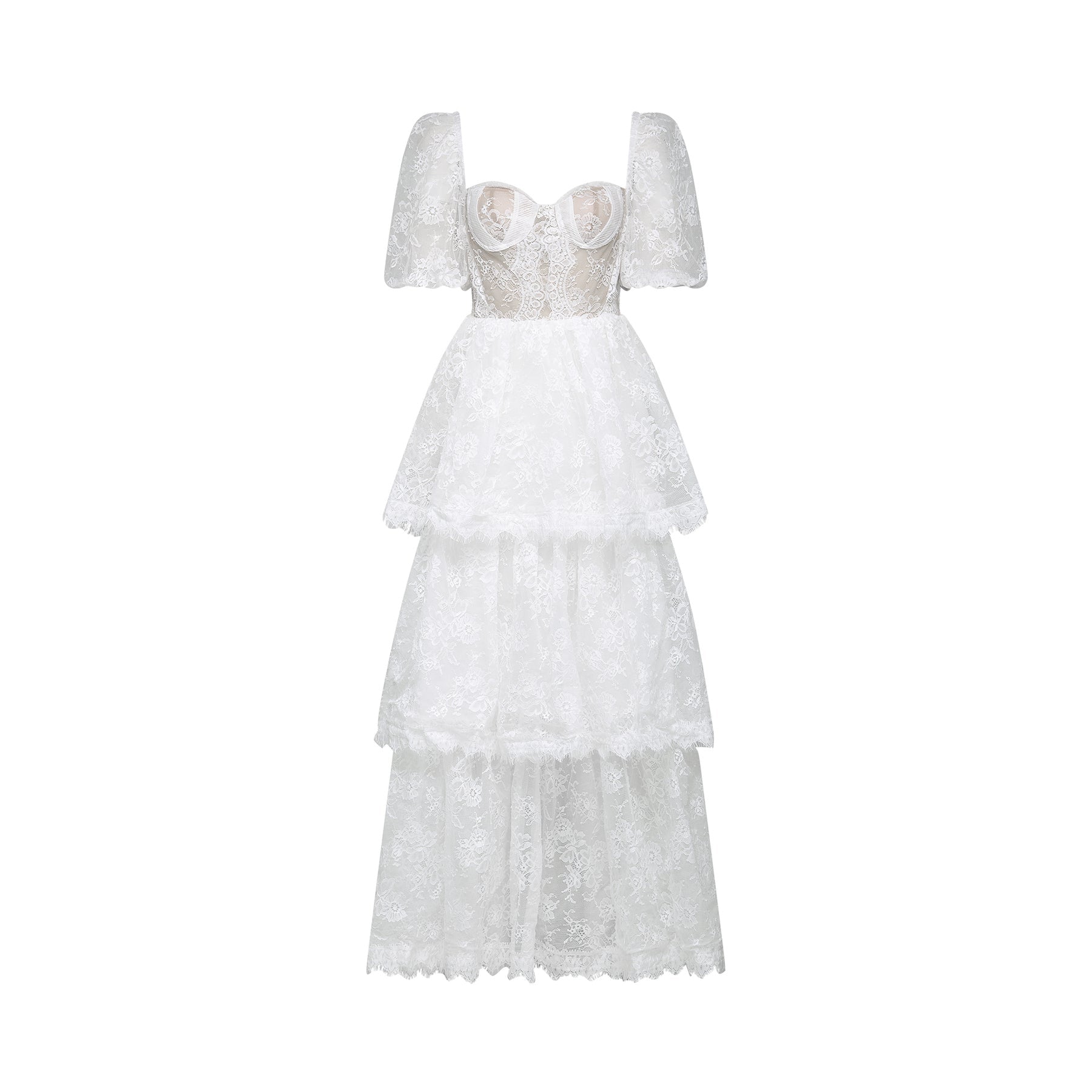 Aurélie Midi Dress - Puff Sleeves - Bustier Style - Lace Trim - Tiered Design - Back Zipper