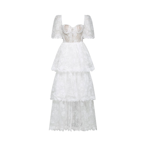 Aurélie Midi Dress - Puff Sleeves - Bustier Style - Lace Trim - Tiered Design - Back Zipper