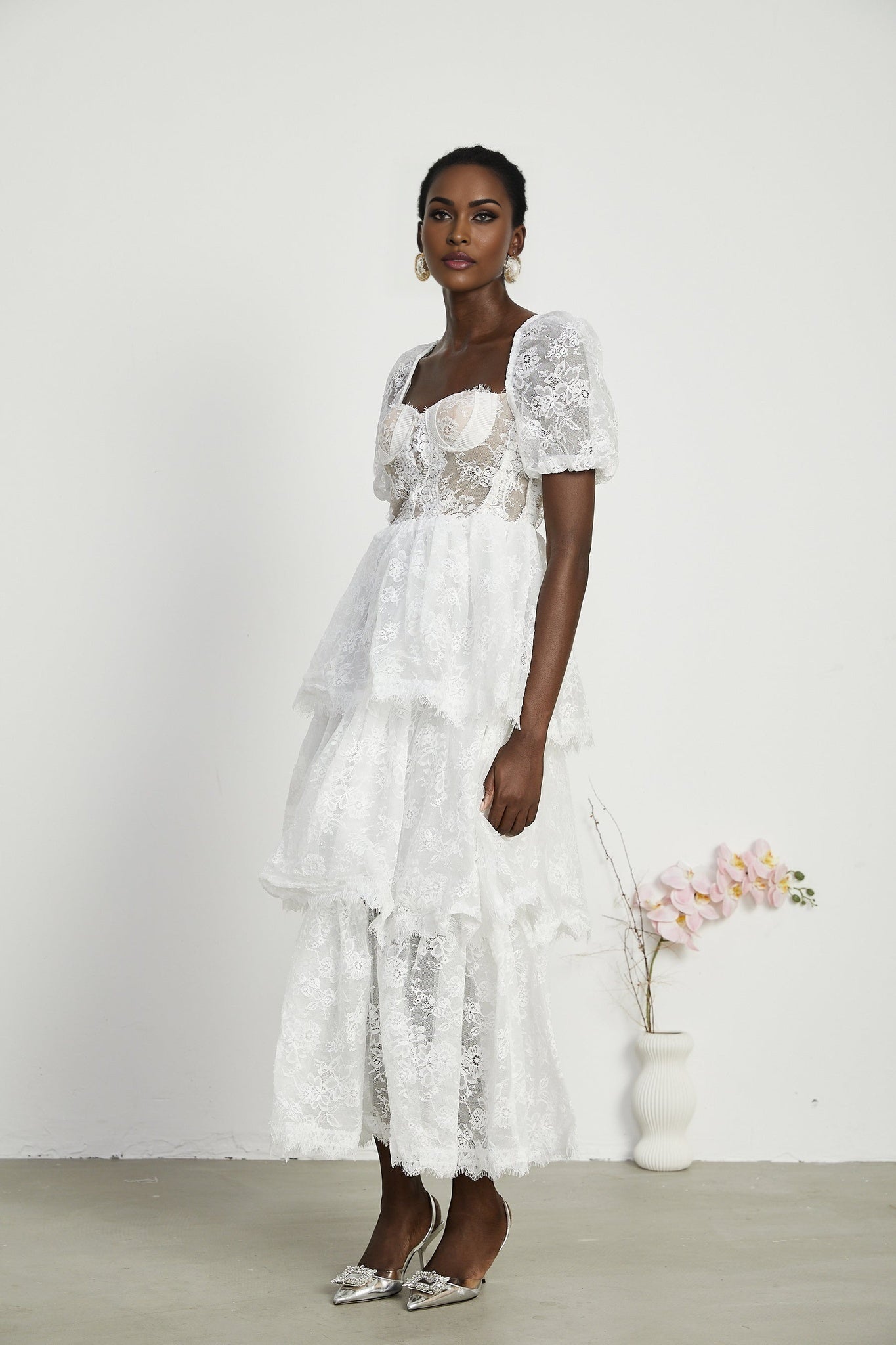 Aurélie Midi Dress - Puff Sleeves - Bustier Style - Lace Trim - Tiered Design - Back Zipper
