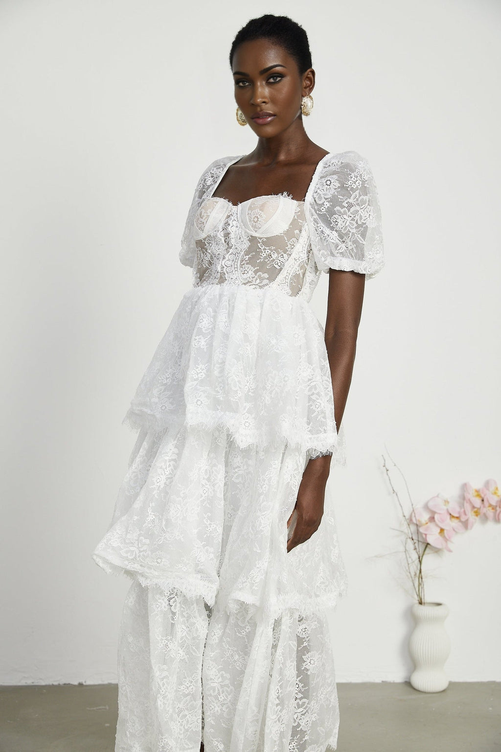 Aurélie Midi Dress - Puff Sleeves - Bustier Style - Lace Trim - Tiered Design - Back Zipper
