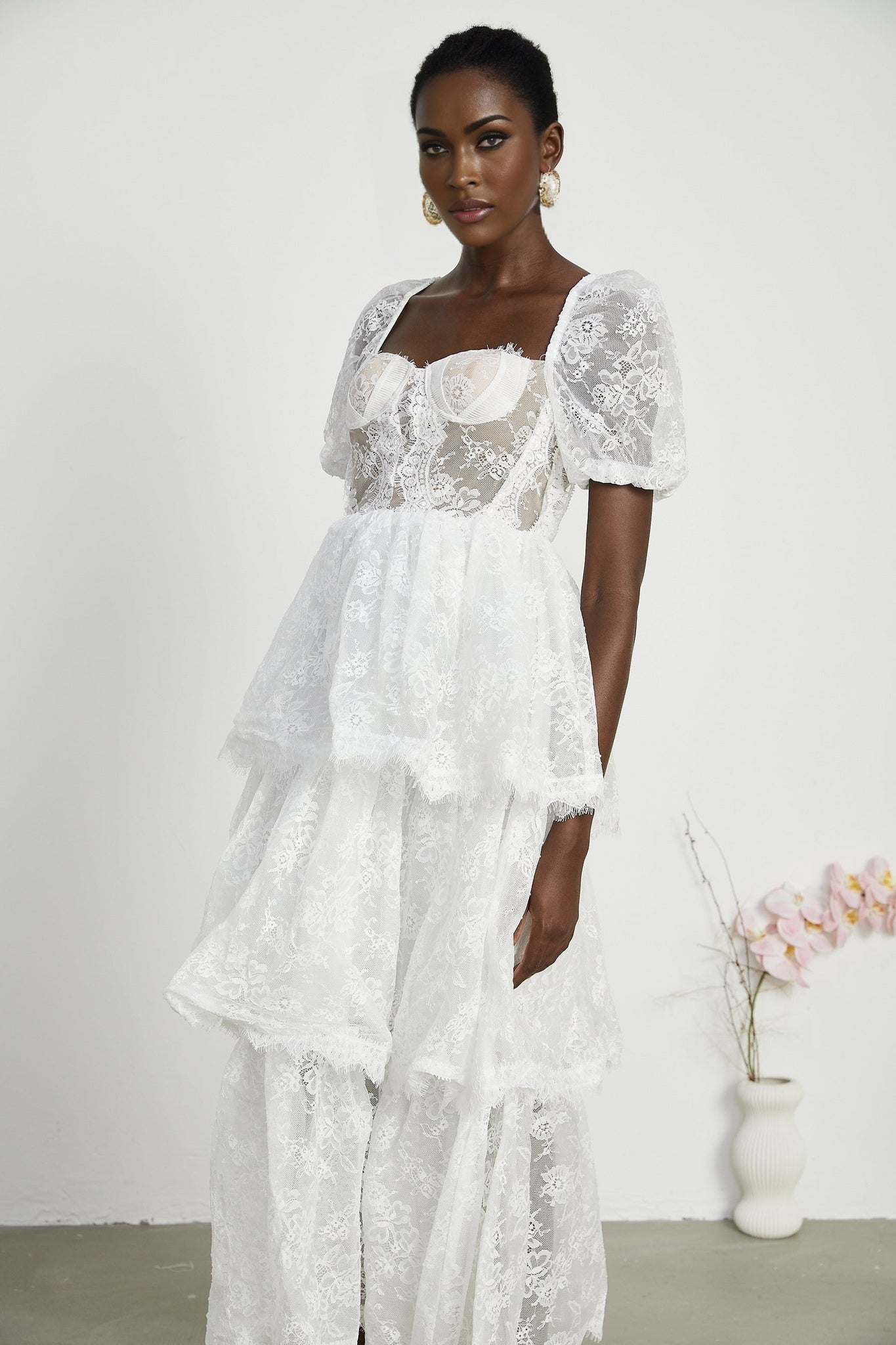Aurélie Midi Dress - Puff Sleeves - Bustier Style - Lace Trim - Tiered Design - Back Zipper