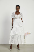 Aurélie Midi Dress - Puff Sleeves - Bustier Style - Lace Trim - Tiered Design - Back Zipper