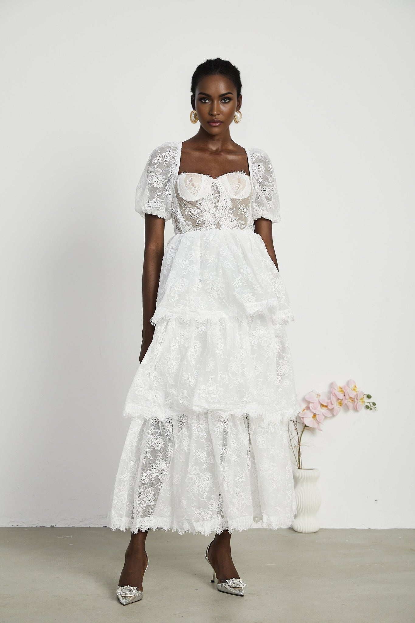 Aurélie Midi Dress - Puff Sleeves - Bustier Style - Lace Trim - Tiered Design - Back Zipper