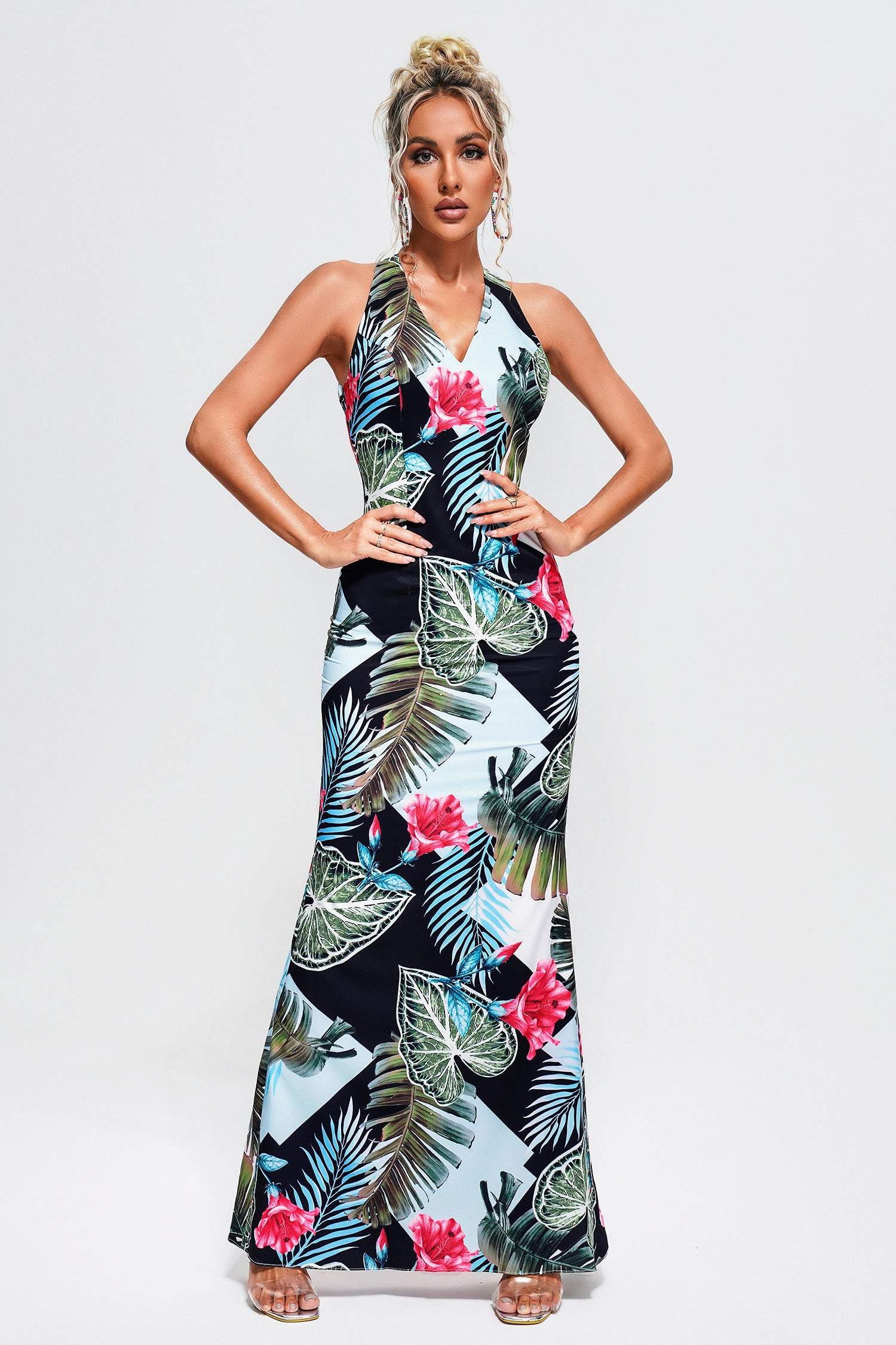 Aurora Blue Tropical Print Maxi Dress