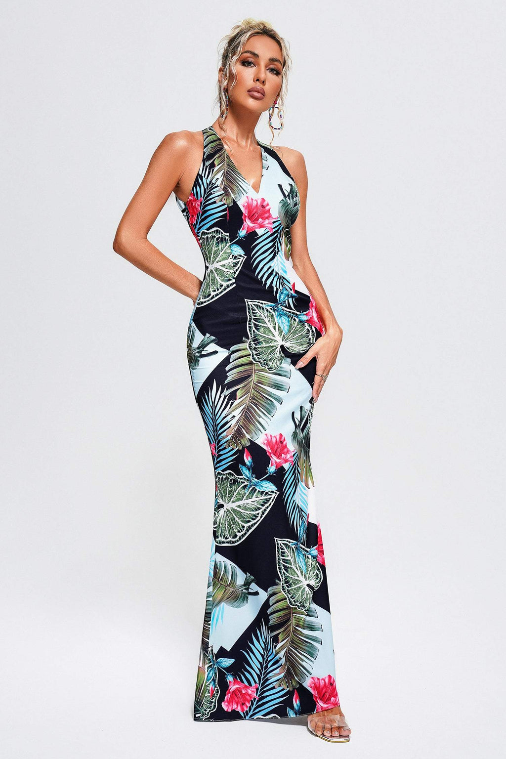Aurora Blue Tropical Print Maxi Dress