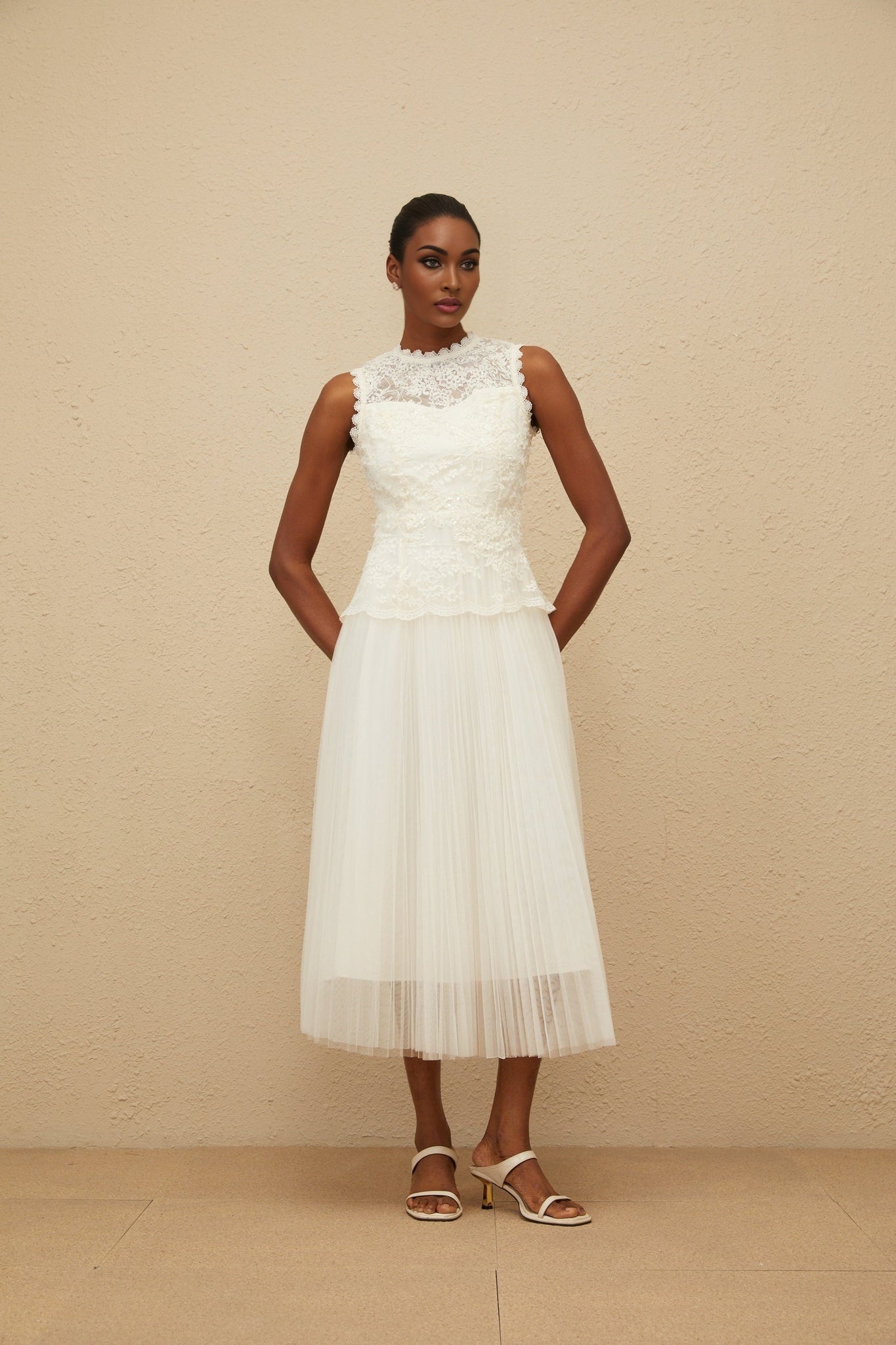 Aurora Midi Dress - Peplum Waist - Floral Lace - Sequin Detailing - Scallop Hem - Rear Zip Fastening