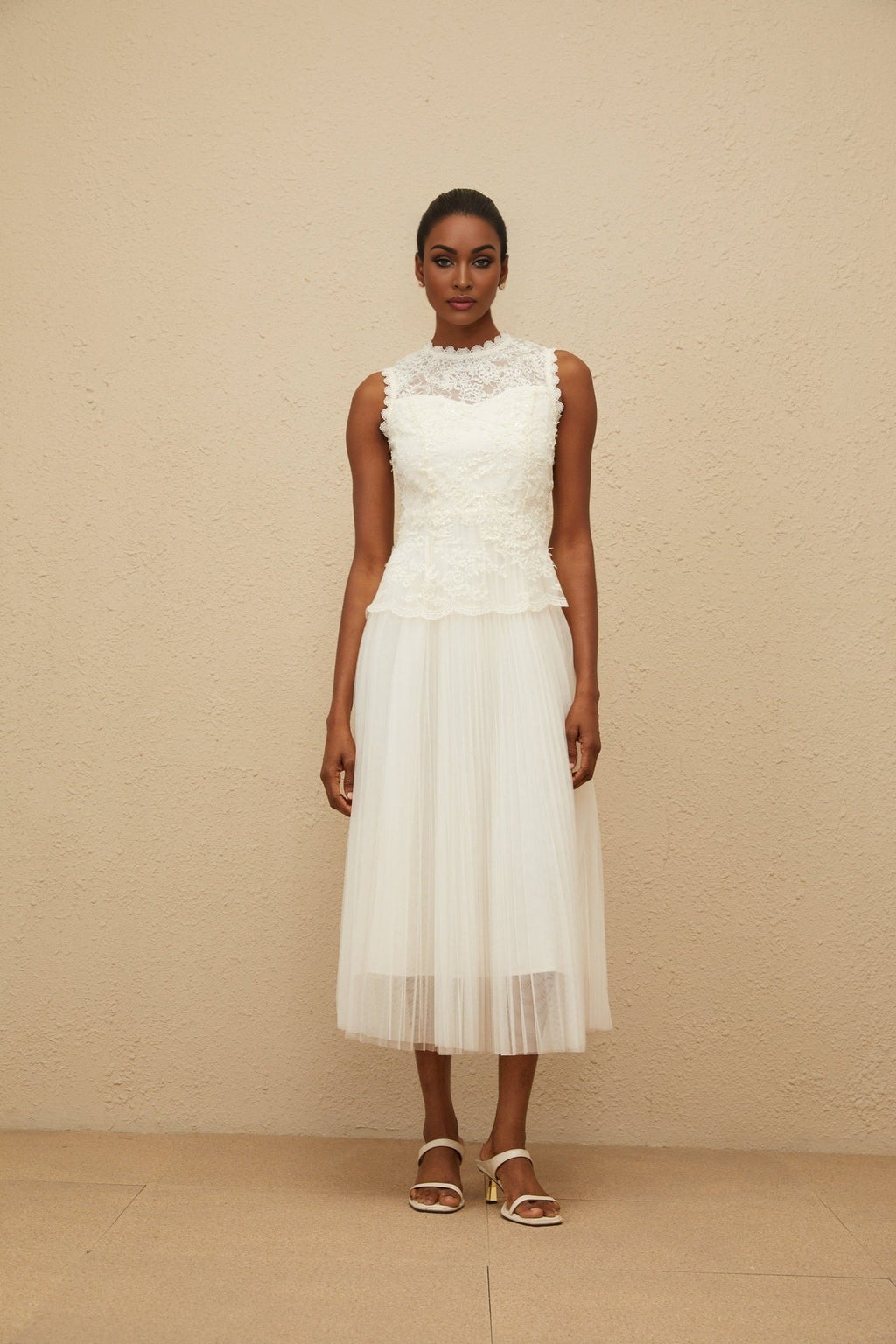 Aurora Midi Dress - Peplum Waist - Floral Lace - Sequin Detailing - Scallop Hem - Rear Zip Fastening