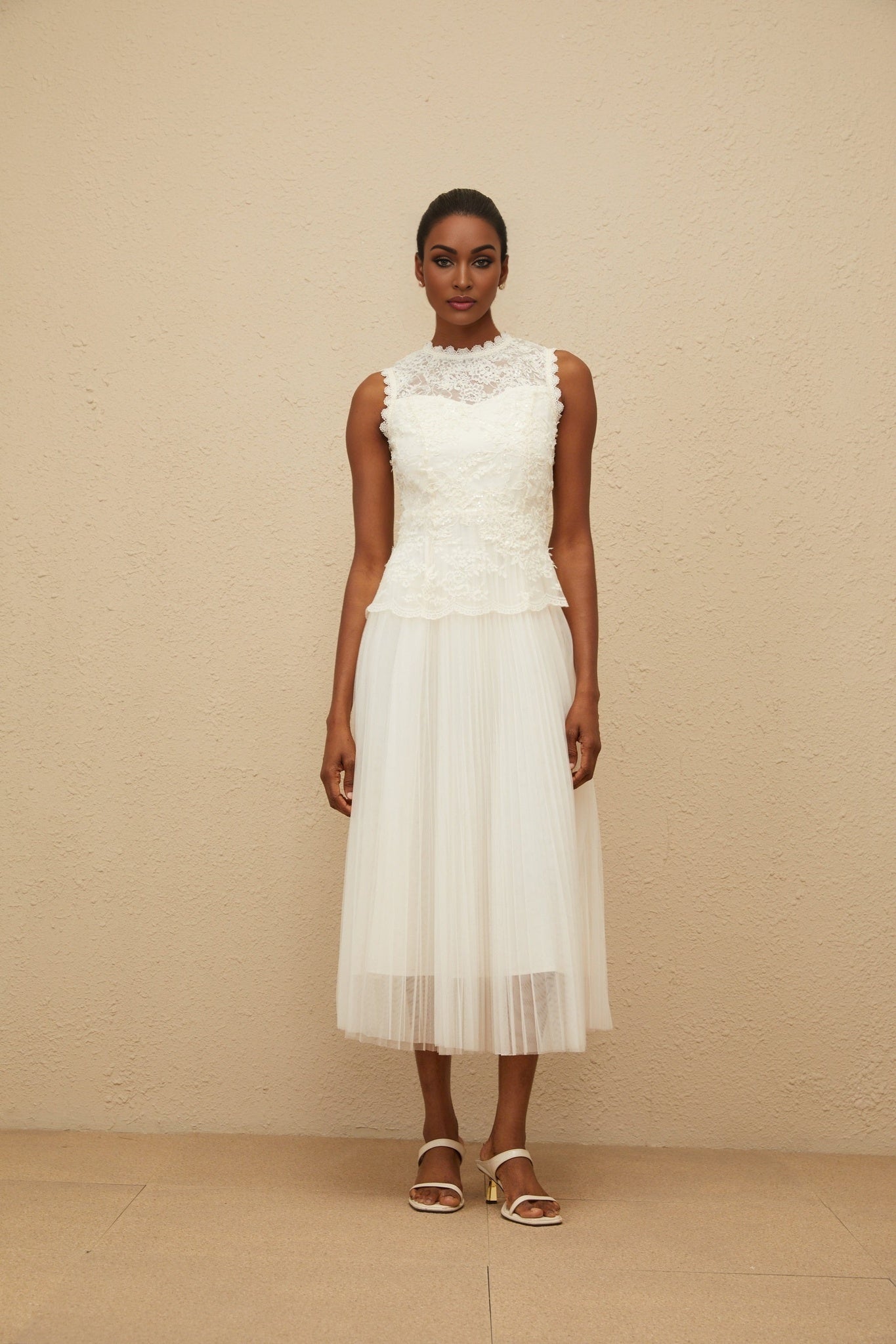 Aurora Midi Dress - Peplum Waist - Floral Lace - Sequin Detailing - Scallop Hem - Rear Zip Fastening