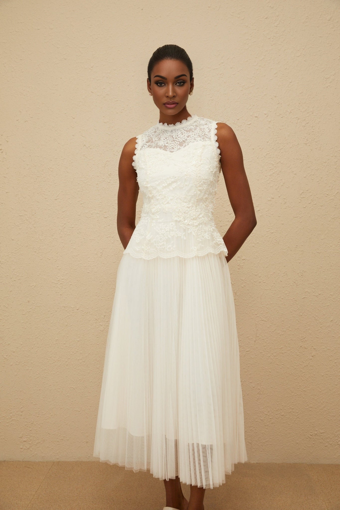 Aurora Midi Dress - Peplum Waist - Floral Lace - Sequin Detailing - Scallop Hem - Rear Zip Fastening