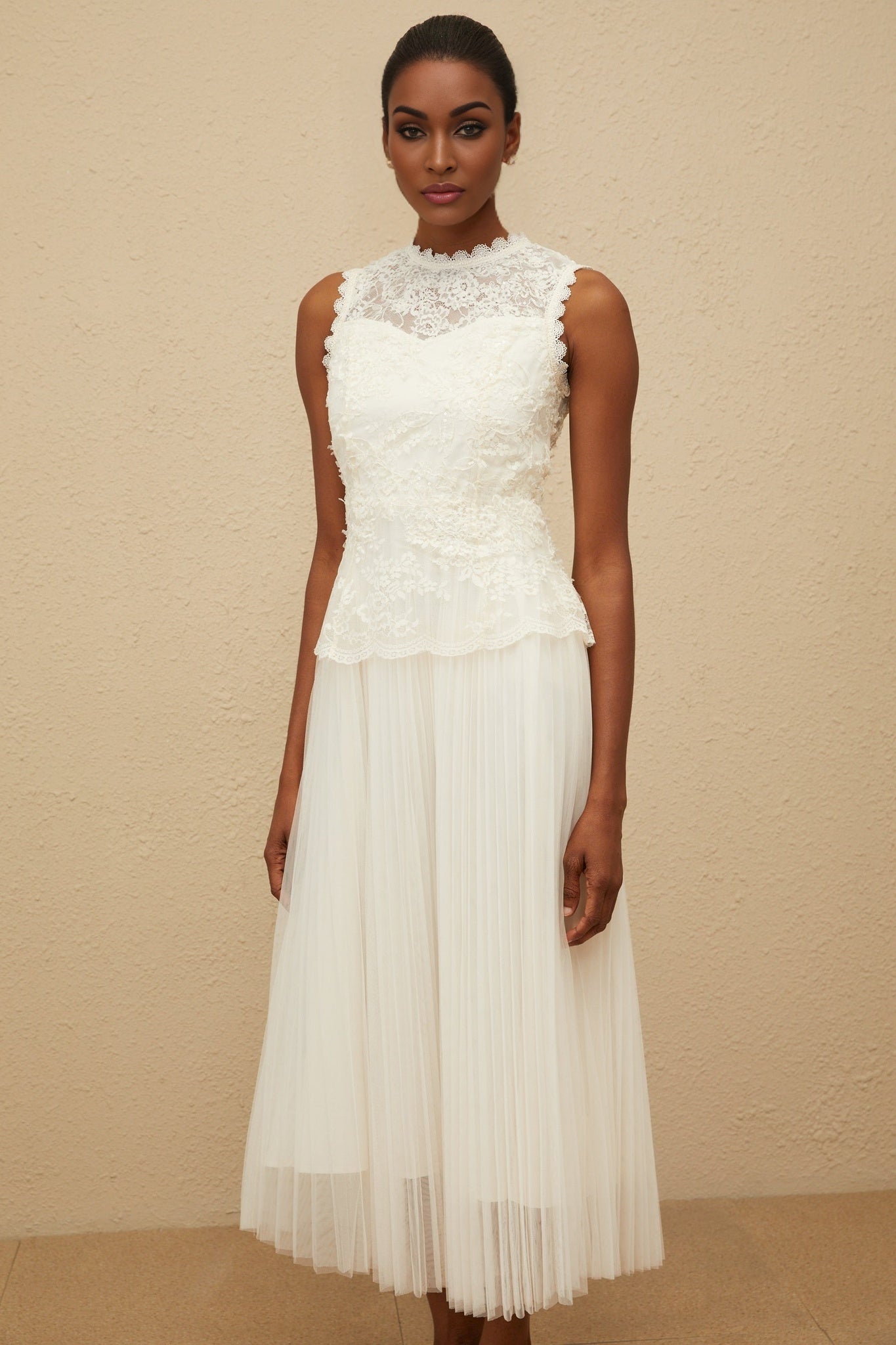 Aurora Midi Dress - Peplum Waist - Floral Lace - Sequin Detailing - Scallop Hem - Rear Zip Fastening