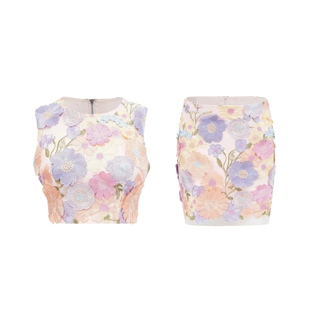 Aurora Top & Skirt Set - Embroidered Detailing - 3D Petal Design - Sleeveless - High Waist - Rear Zip Fastening
