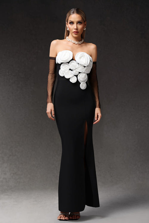 Autumn Black Floral Off-Shoulder Dress with Side Slit and Sheer Sleeves
