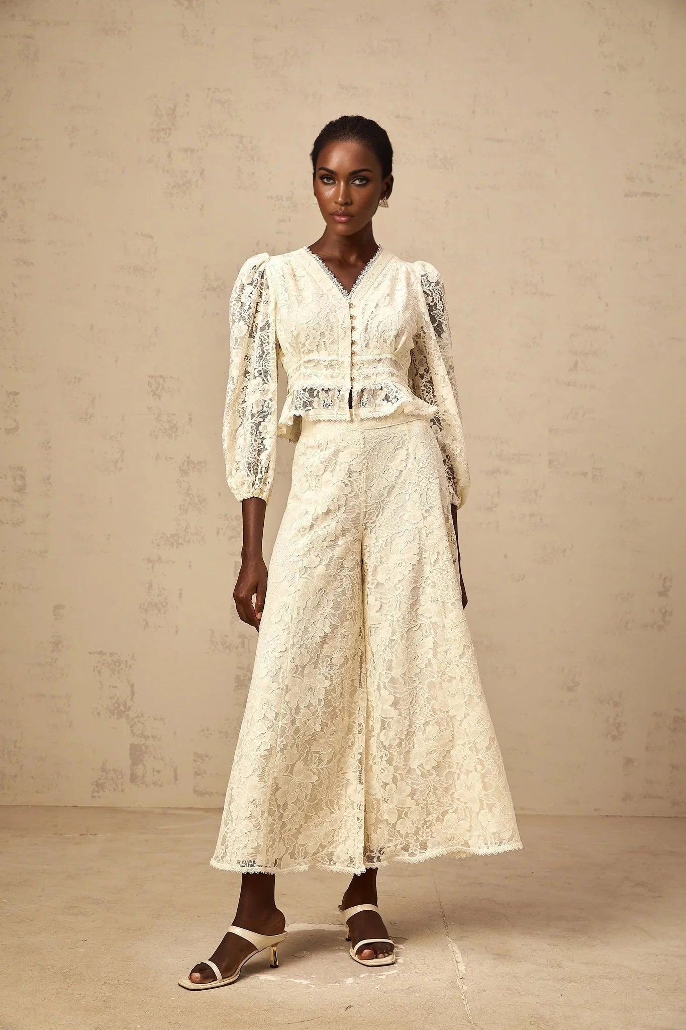 Autumn Blouse & Trousers Set Neutrals Floral - Lace Peplum & Wide Leg