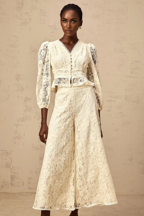 Autumn Blouse & Trousers Set Neutrals Floral - Lace Peplum & Wide Leg