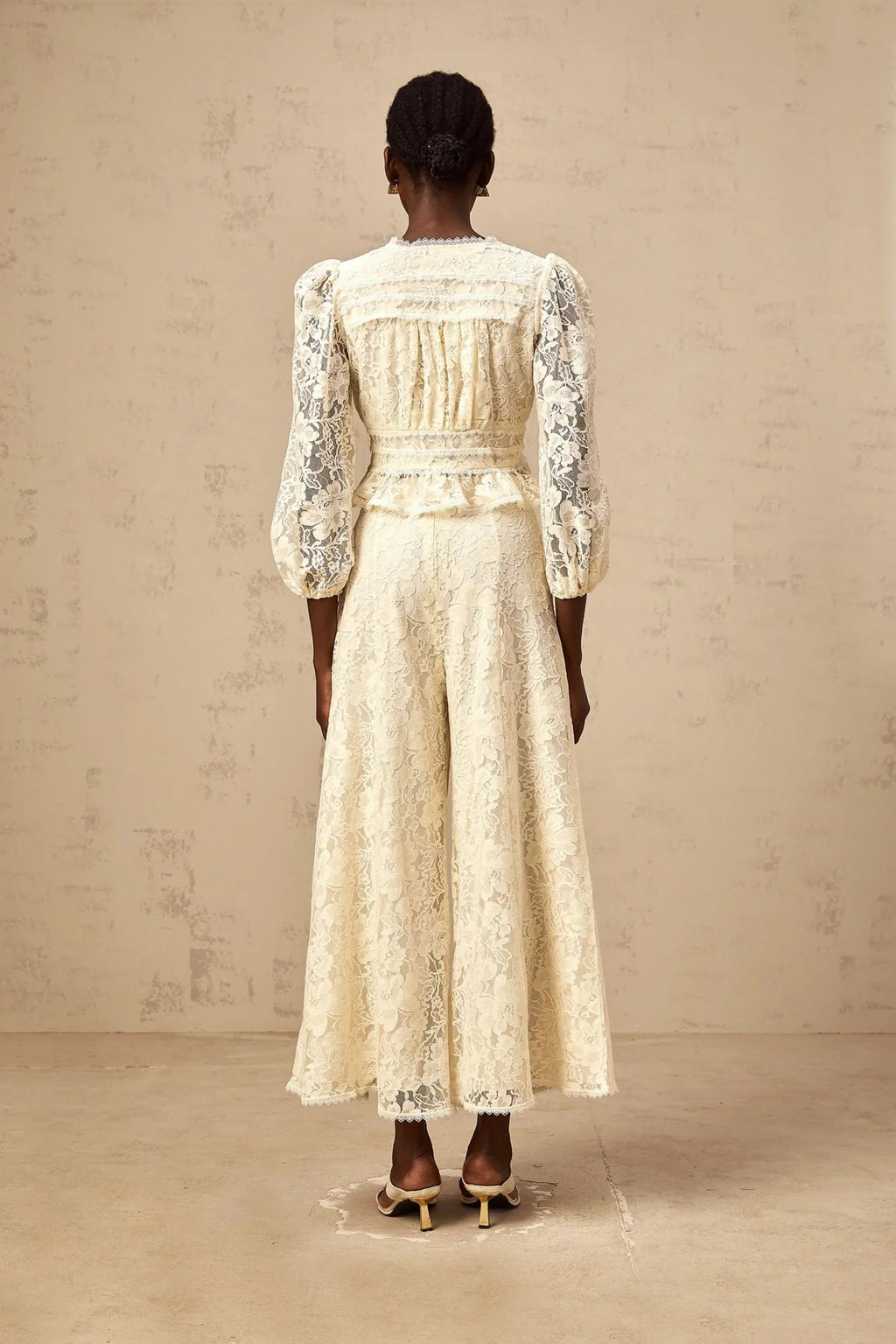 Autumn Blouse & Trousers Set Neutrals Floral - Lace Peplum & Wide Leg