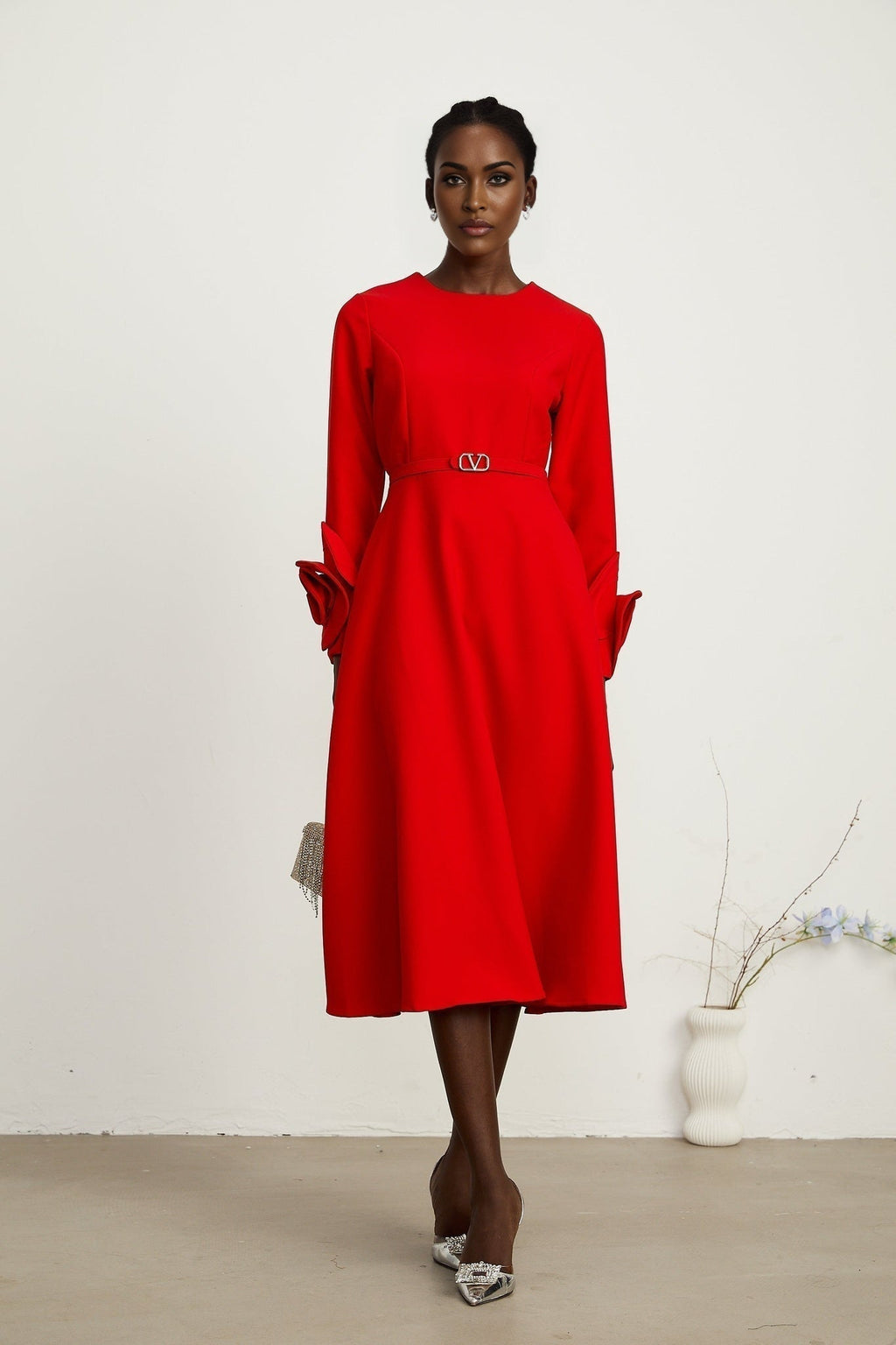 Autumn Long Dress - Round Neck - Floral Appliqué - Flared Skirt - Rear Zip Fastening