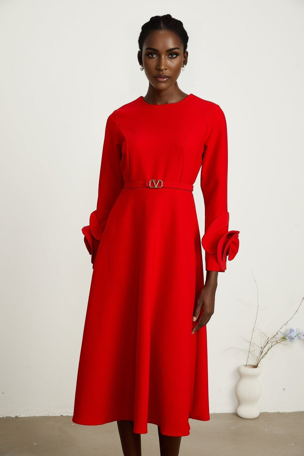 Autumn Long Dress - Round Neck - Floral Appliqué - Flared Skirt - Rear Zip Fastening