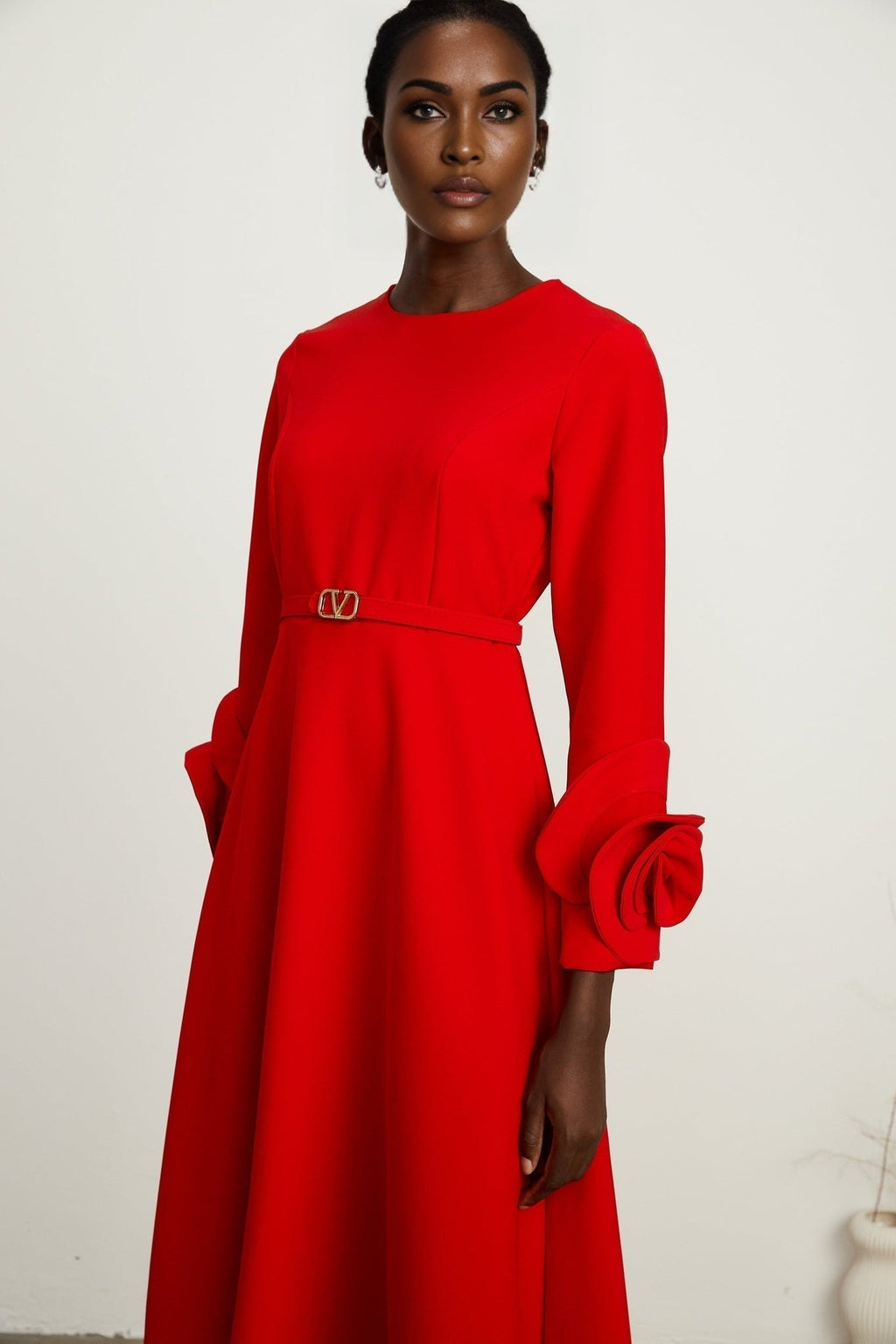 Autumn Long Dress - Round Neck - Floral Appliqué - Flared Skirt - Rear Zip Fastening