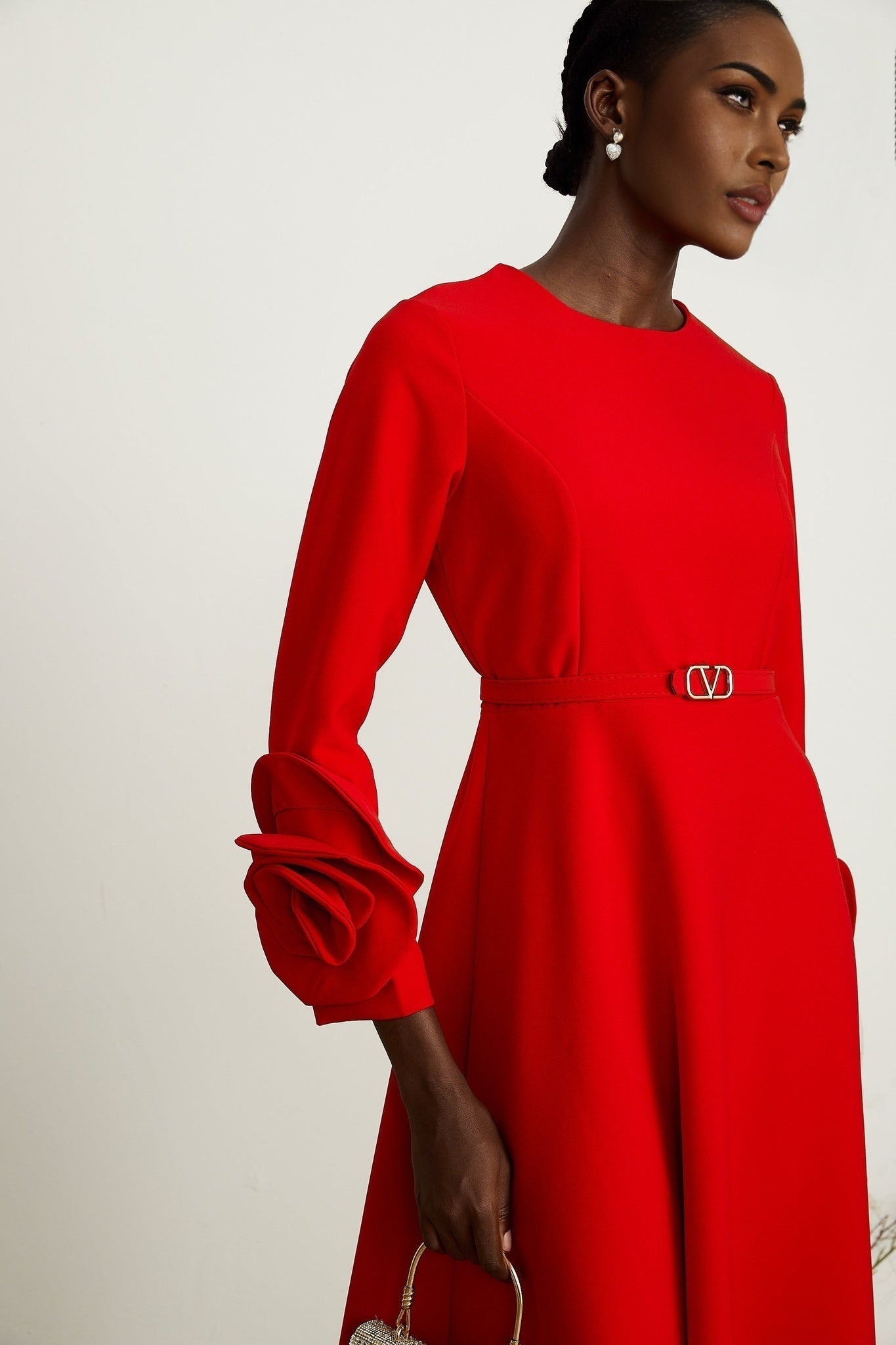 Autumn Long Dress - Round Neck - Floral Appliqué - Flared Skirt - Rear Zip Fastening