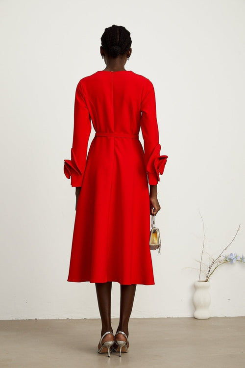 Autumn Long Dress - Round Neck - Floral Appliqué - Flared Skirt - Rear Zip Fastening