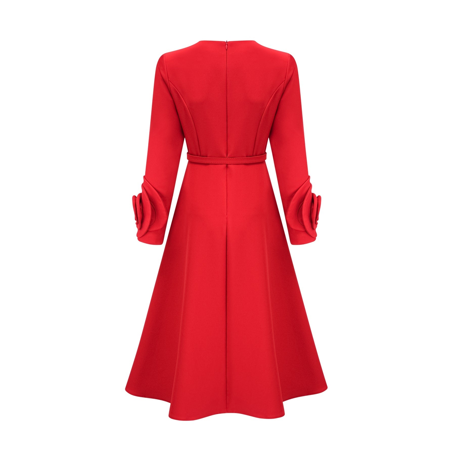 Autumn Long Dress - Round Neck - Floral Appliqué - Flared Skirt - Rear Zip Fastening