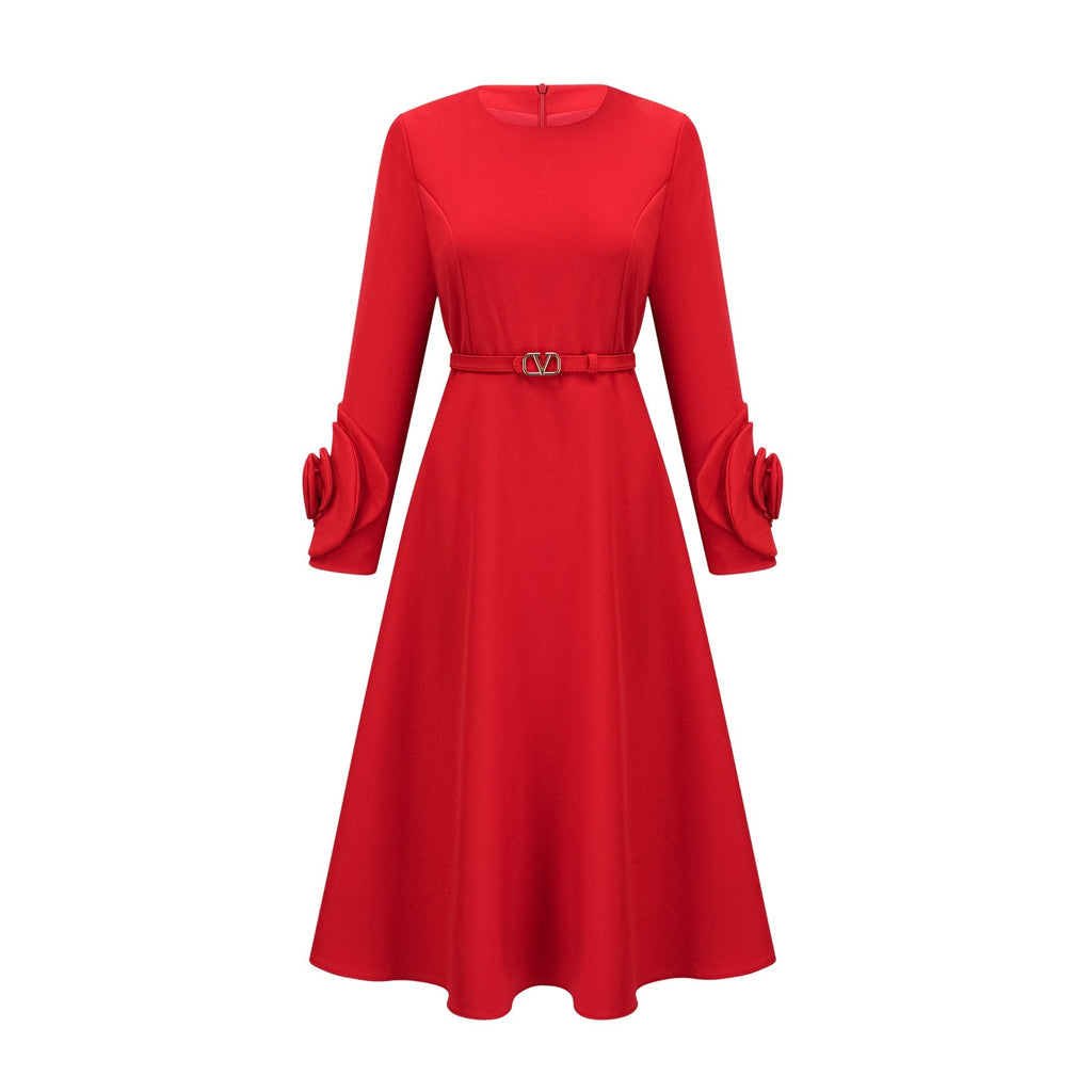 Autumn Long Dress - Round Neck - Floral Appliqué - Flared Skirt - Rear Zip Fastening