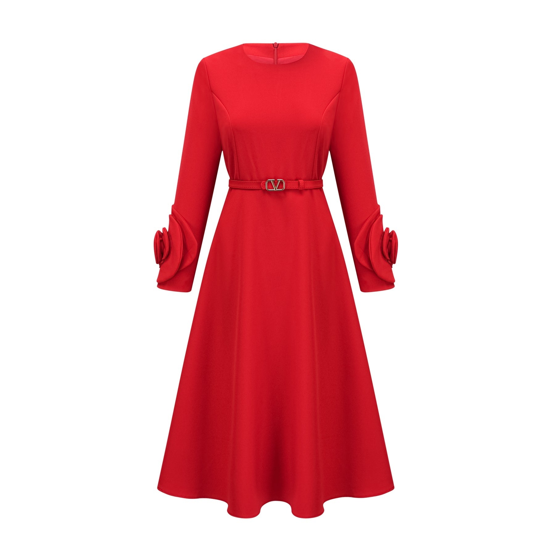 Autumn Long Dress - Round Neck - Floral Appliqué - Flared Skirt - Rear Zip Fastening