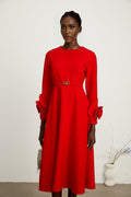 Autumn Long Dress - Round Neck - Floral Appliqué - Flared Skirt - Rear Zip Fastening